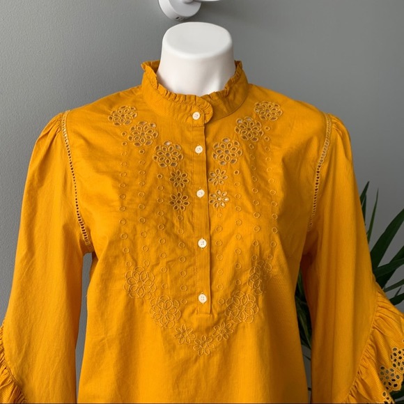 J. Crew Ruffle-Sleeve Embroidered Eyelet Top in Mustard Size Medium - Picture 5 of 10
